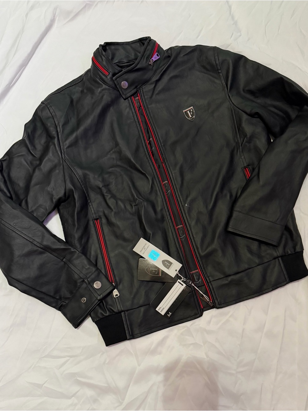 NWT Ferrari F-Collection Faux Leather Bomber Jacket – Black & Red Trim